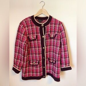 Ann Taylor - Pink and Burgundy Tweed Sweater Blazer - Size XL